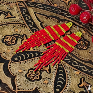 Ticala - Kolczyki boho z koralików – czerwono-żółte frędzle handmade
