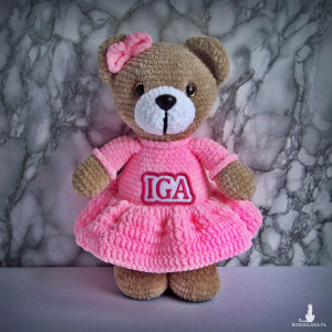 Szydełkowy miś Iga 32cm w różowej sukience (na zamówienie)