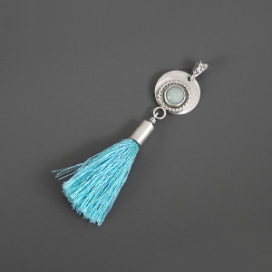 Długi wisiorek boho, błękitne frędzle, amazonit, srebro 925