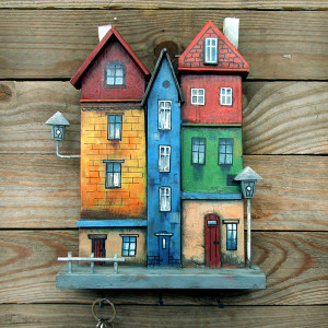 Drewniany wieszak na klucze - Kolorowa starówka