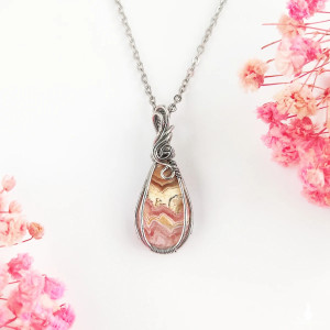 Naszyjnik Rodochrozyt stal chirurgiczna wisiorek handmade wirewrapping