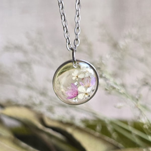 Wieczne kwiaty różowe bukiet kwiatowy łąka srebrna zawieszka srebrny wisiorek kwiat naszyjnik żywica z żywicy kwiaty