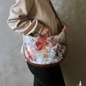 Torba sztruksowa Indianka - beżowa w karmelowe kwiaty