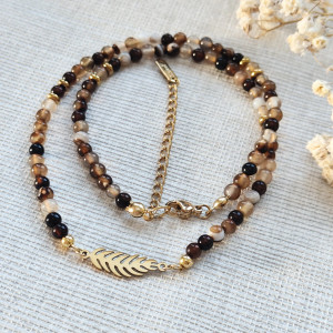 Naszyjnik z agatem kawowym i liściem