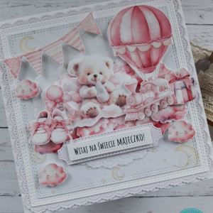Kartka z okazji narodzin dziewczynki z misiem, personalizacja