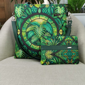 Torebka damska shopperka z kosmetyczką torebka miejska na ramę - liście monstery