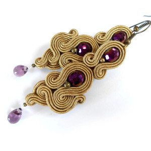 KOLCZYKI SUTASZ złoto beż fiolet 100% hand made