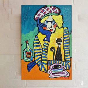 obraz ręcznie malowany dama i kot