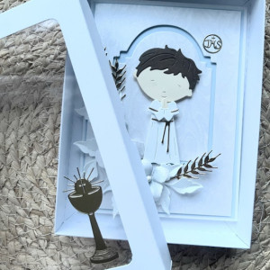 397,KOMUNIA, Kartka na komunię dla chłopca w pudełku z życzeniami