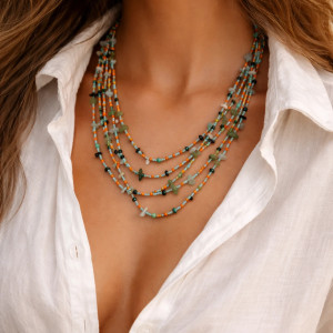 Naszyjnik Boho - Sieczka Kamieni Naturalnych i Szkła z Zapięciem Makramowym