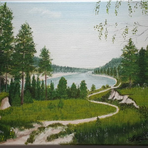 PEJZAŻ AKRYLOWY RĘCZNIE MALOWANY NA PŁÓTNIE "W SINĄ DAL" - 30x40cm