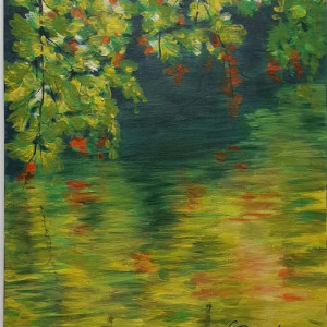 PEJZAŻ AKRYLOWY RĘCZNIE MALOWANY NA PŁÓTNIE "REFLEKSY SCHYŁKU LATA" - 30x24cm