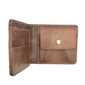 Ciemno-brązowy portfel skórzany na bilon ręcznie uszyty.