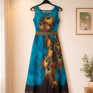Sukienka niebieska w pawie pióra