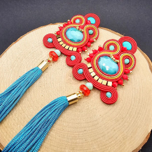 Czerwono-turkusowe kolczyki sutasz z chwostami