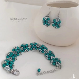 Zielono-srebrny komplet z kryształkami Fire Polish - wykończenia ze stali chirurgicznej