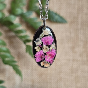 Srebrna zawieszka srebrny wisiorek naszyjnik żywica z żywicy kwiaty z kwiatami jajowata rośliny różowa czarna