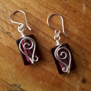 Kolczyki ze szkła weneckiego mahoniowo - bordowe, ręcznie robione, wire wrapping, biżuteria handmade, unikat