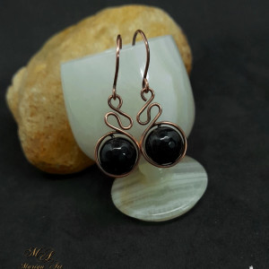Eleganckie Kolczyki z Czarnego Jadeitu w Miedzi Oksydowanej, Ręcznie Robione, 3,5 cm