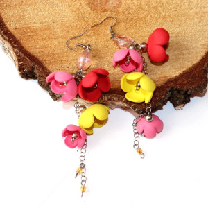 Długie Kolczyki Kwiatowe z Pianki – Różowe i Żółte Dzwonki | Lekka Biżuteria Handmade