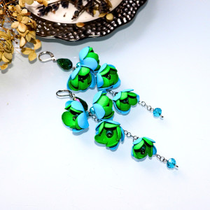 Długie kwiatowe Kolczyki Zielono-Niebieskie | Boho z Koralikami