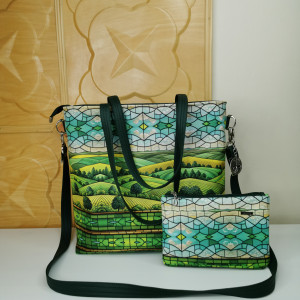 Torebka damska shopperka z kosmetyczką torebka miejska na ramę - pejzaż