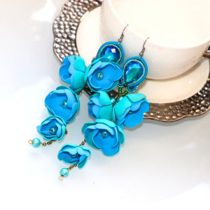 Turkusowe Kolczyki Sutasz Kwiaty Blossom | Długie Kolczyki z Pianki | Stal Chirurgiczna