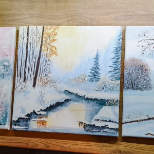 KOMPLET RĘCZNIE MALOWANYCH OBRAZÓW - TRYPTYK NATURY "ZIMOWE ZAMYŚLENIE" (darmowa dostawa)