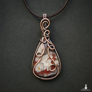 Wisiorek miedziany naszyjnik z agatem koronkowym wire wrapping