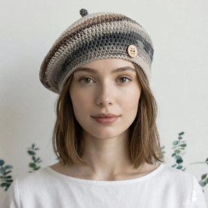 Wiosenny beret damski z antenką ręcznie robiony bawełna one size