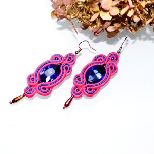 Długie Kolczyki Sutasz Fuksja Kobalt | Elegancka Biżuteria z Kryształem | Stal Chirurgiczna