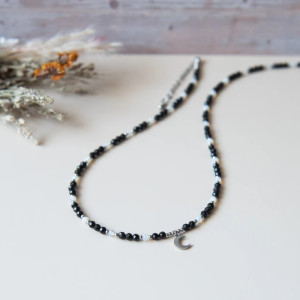 Choker MOONLIGHT ✧ turmalin czarny i opal ✧ księżyc