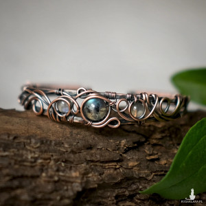 Bransoletka miedziana elficka wire wrapping z labradorytami