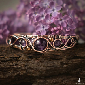 Bransoletka miedziana elficka wire wrapping z ametystami
