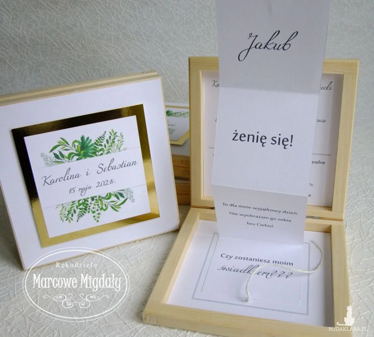Prośba o świadkowanie w drewnianym pudełku - wzór Boho Złota Ramka