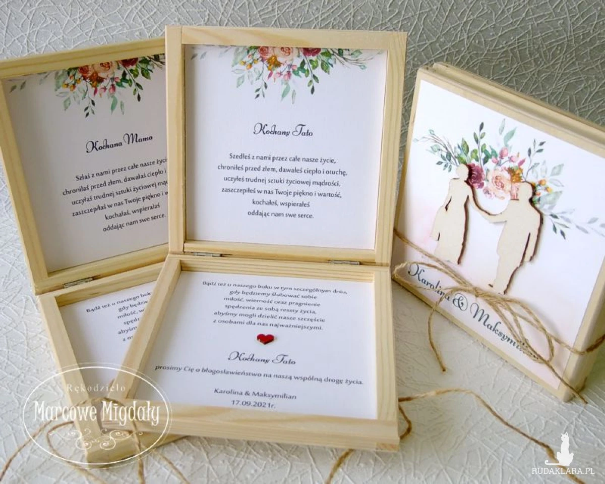 Prośba do rodziców o błogosławieństwo , drewniane zaproszenie ślubne