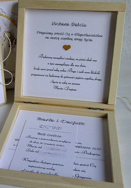 Prośba do rodziców o błogosławieństwo , drewniane zaproszenie ślubne