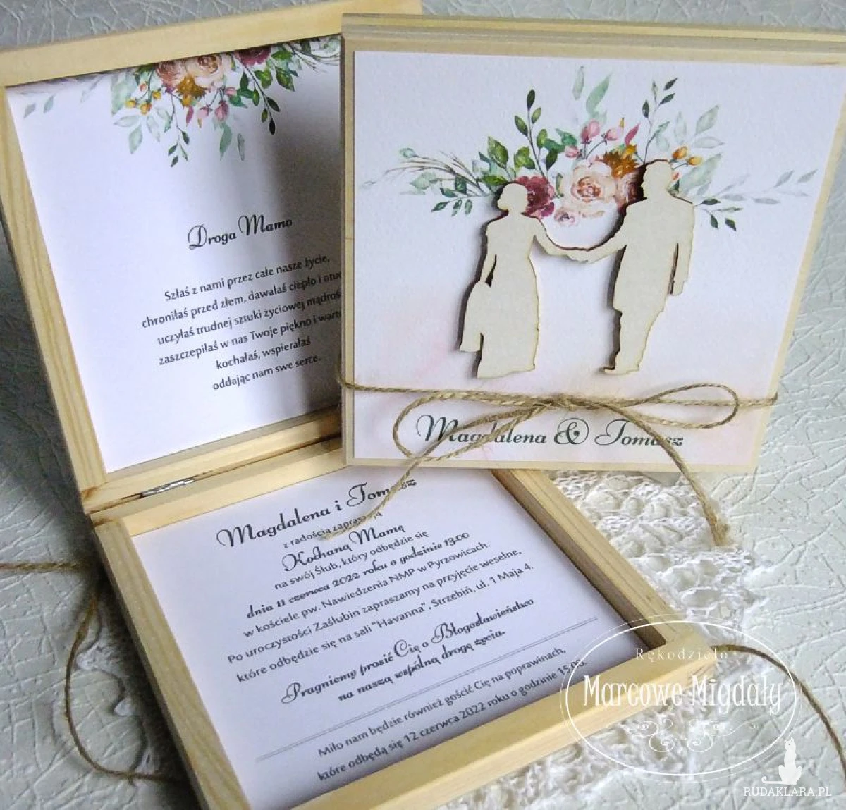 Prośba do rodziców o błogosławieństwo , drewniane zaproszenie ślubne