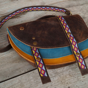 ARIA Nerka/Torebka Skórzana Etno Aztecka Brąz Turkus Żółty