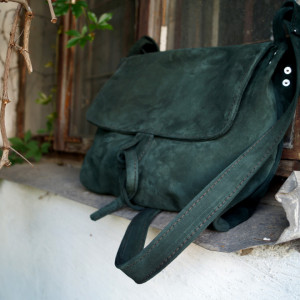 SUROWA BARONOWA Butelkowa Zieleń Zamsz Skóra Naturalna Torebka Na Ramię