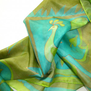Zielony Ptak, jedwabna malowana chusta