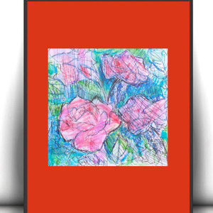 A4 grafika z kwiatkami, róże obrazek, mały rysunek do domu, rysunek z różami, mała grafika na ścianę