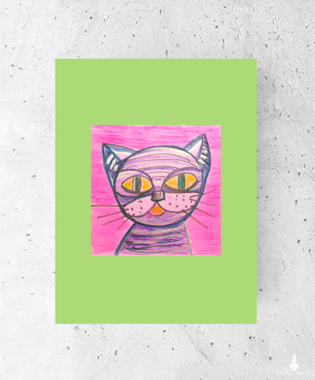 kolorowy obrazek z kotem, kot grafika na ścianę, mały rysunek z kotkiem, kot obraz A4