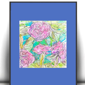 kwiaty rysunek A4, łąka obrazek A4, mała grafika na ścianę, boho dekoracja do domu, kolorowy obrazek z kwiatkami,  mały rysunek z kwiatami