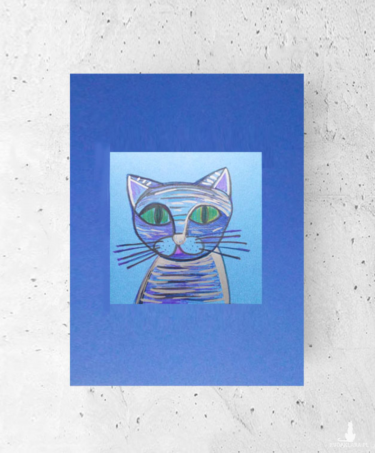 granatowy obrazek z kotem, kot plakat A4, kot grafika na ścianę, rysunek z kotem