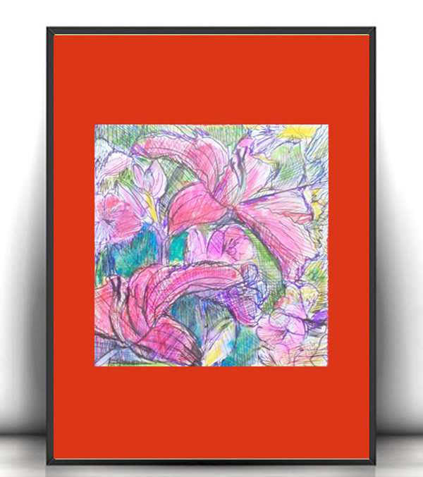 A4 obrazek z kwiatkami, kwiaty rysunek 21x30, mała grafika do domu, kolorowy rysunek z kwiatami