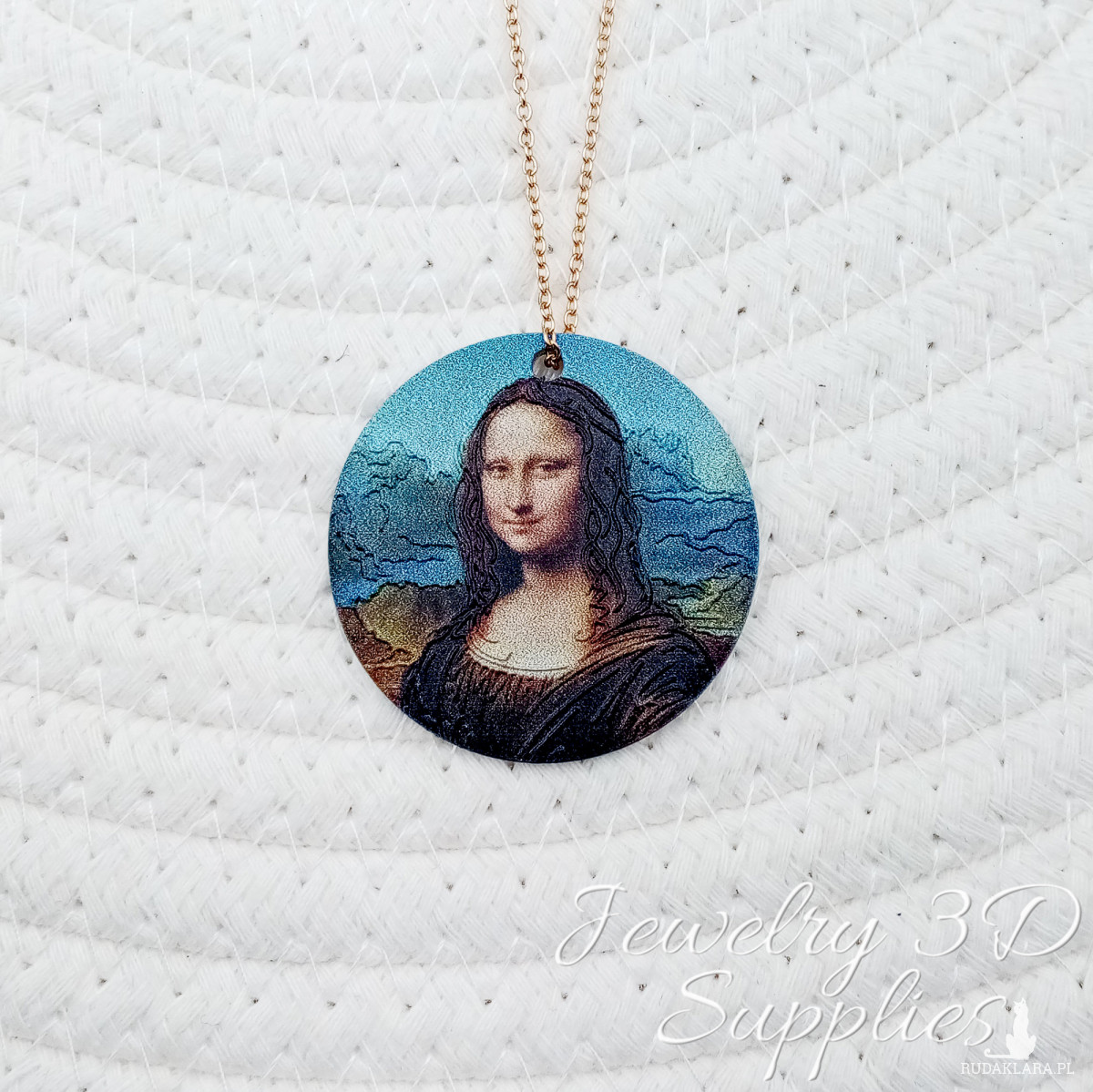 Wisiorek okrągły z interpretacją Mona Lisy, gotowy element do wyrobu biżuterii