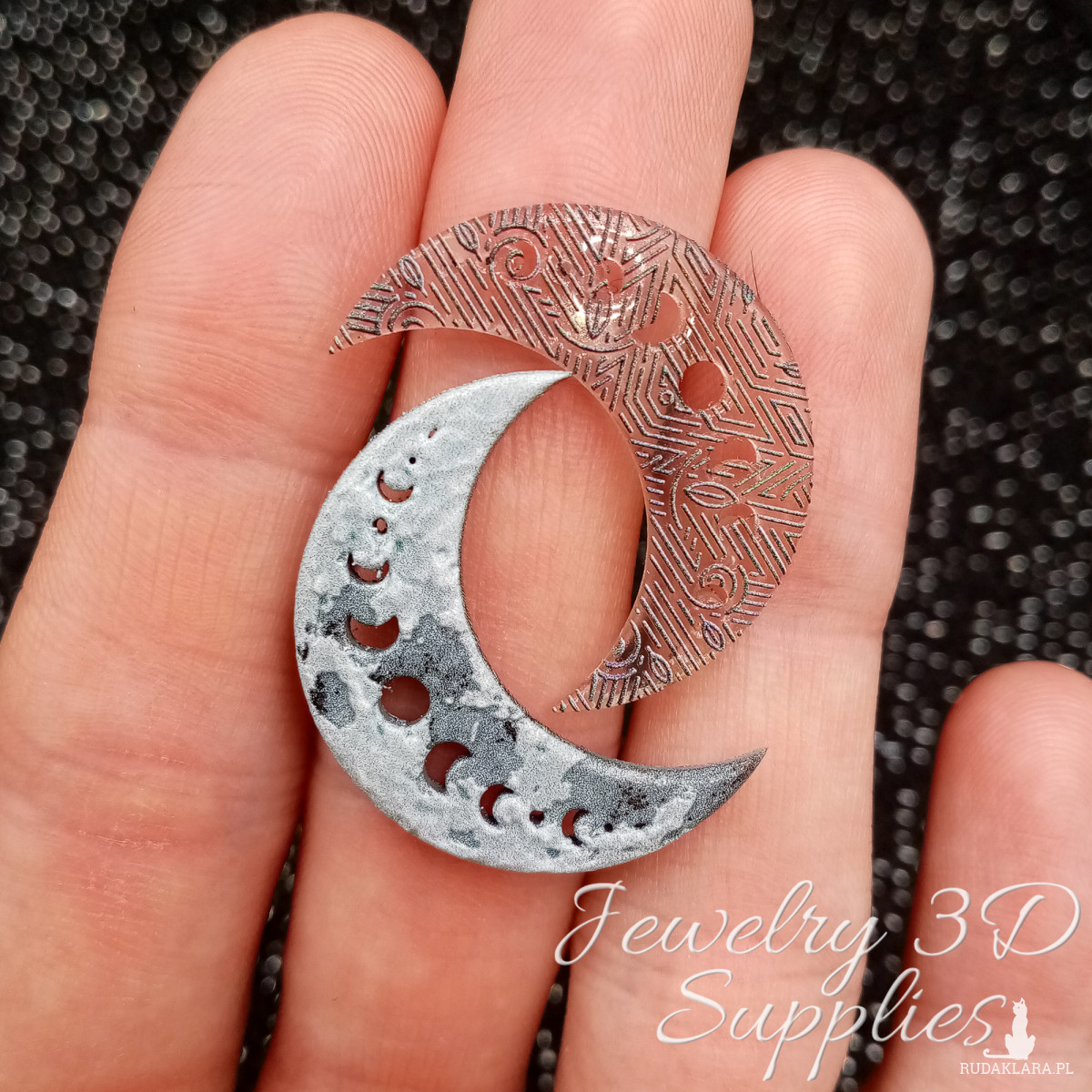 Wisiorek kolczyk księżyc przezroczysty szare linie, element do wyrobu biżuterii