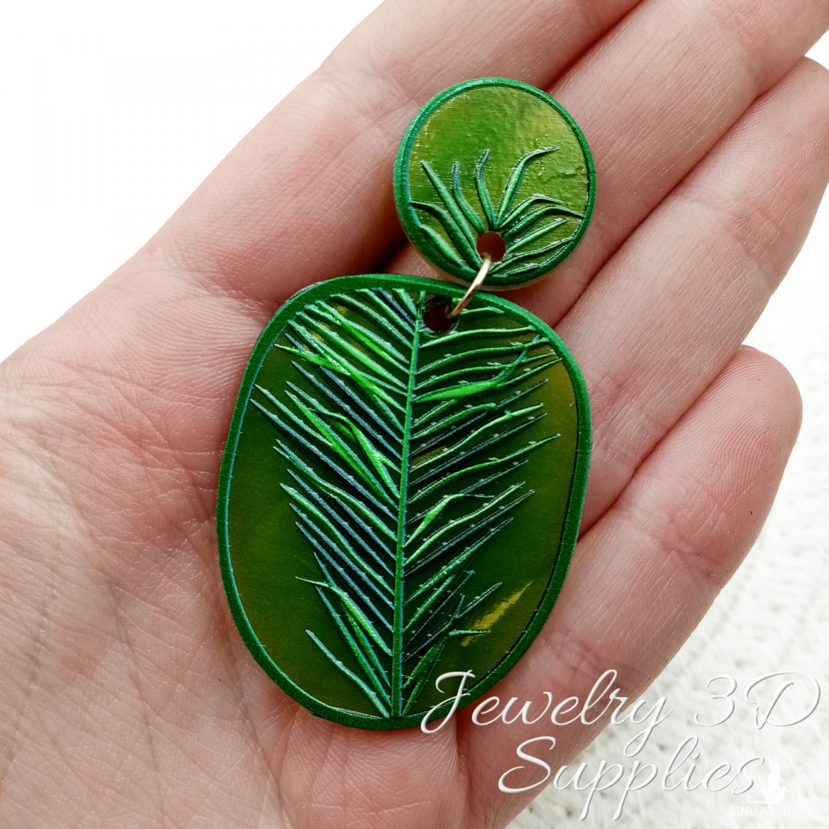 Kolczyk przezroczysty zielony gałązka paproci, element do wyrobu biżuterii