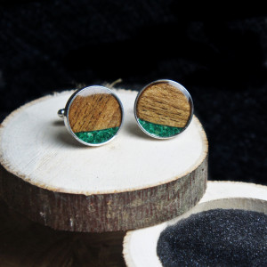 Spinki do mankietów z drewna orzecha i malachitu